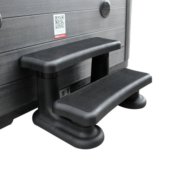 Black 2-tier Eterna spa step with slip-resistant treads, durable weather-resistant construction and stable platform for safe spa and hot tub access.