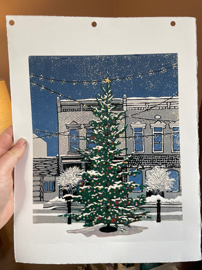 Christmas on Main Street Original Block Print