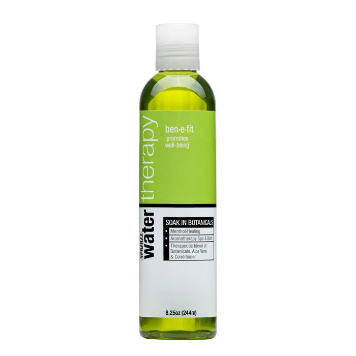 Spazazz Be-ne-fit Aromatherapy Elixir 245ml bottle featuring a refreshing menthol and herbal fragrance for hot tubs, spas, baths, and wellness relaxation.