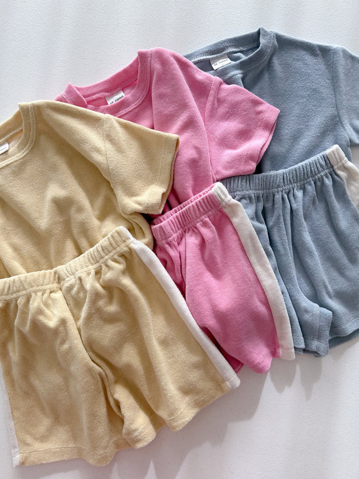 [At Noon Original Design] Kids Terry Cloth Short Sleeve Top and Shorts Set (6m-7y) - Yellow