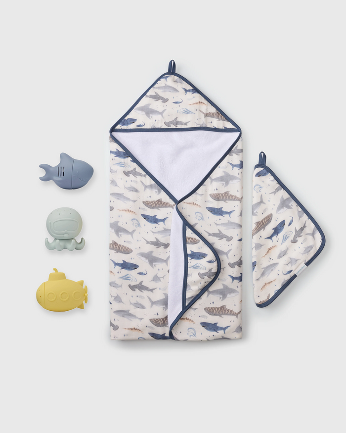 Loulou Lollipop Baby Bath Gift Bundle in Smiley Sharks — front view on white background