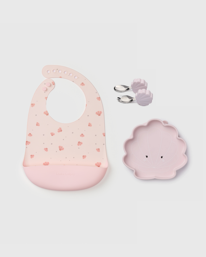 Loulou Lollipop Baby Learning & Feeding Bundle in Seashells — front view on white background