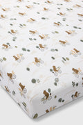 Loulou Lollipop muslin fitted crib sheet in Bears on Bikes for US standard crib — front view on white background
