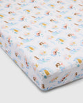 Loulou Lollipop muslin fitted crib sheet in Mermaids for US standard crib — front view on white background