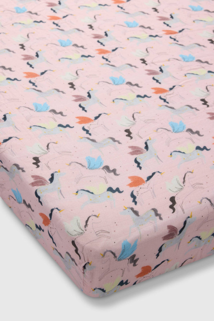 Loulou Lollipop muslin fitted crib sheet in Unicorn Ballet for US standard crib — front view on white background