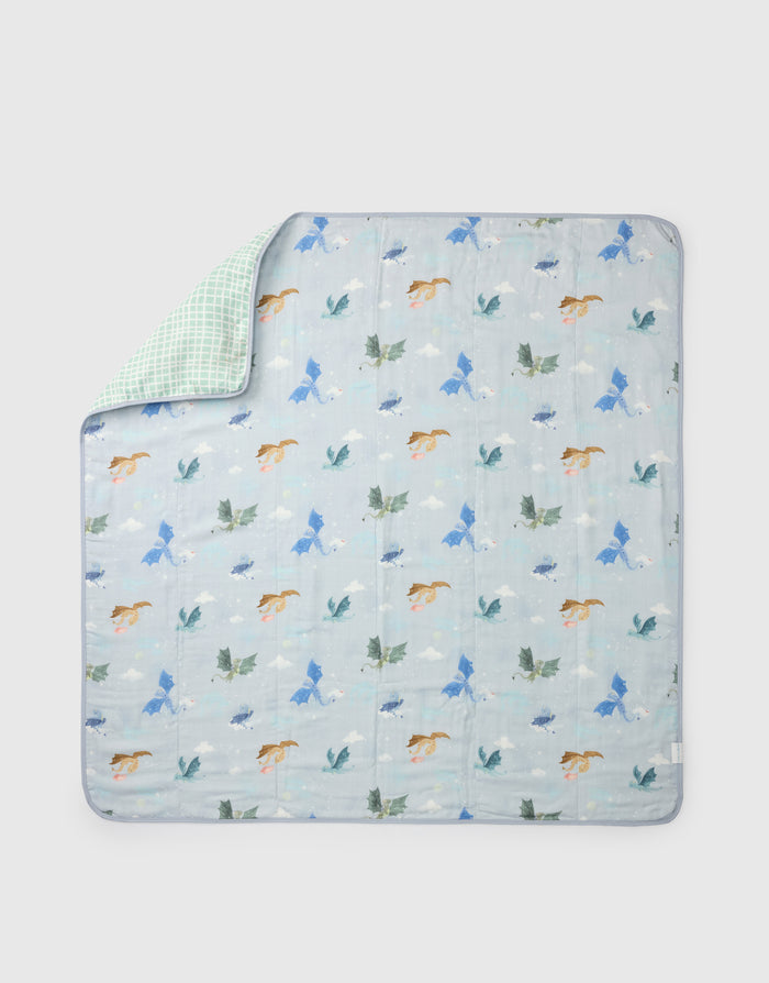 Loulou Lollipop muslin baby quilt blanket in Magical Dragons — front view on white background