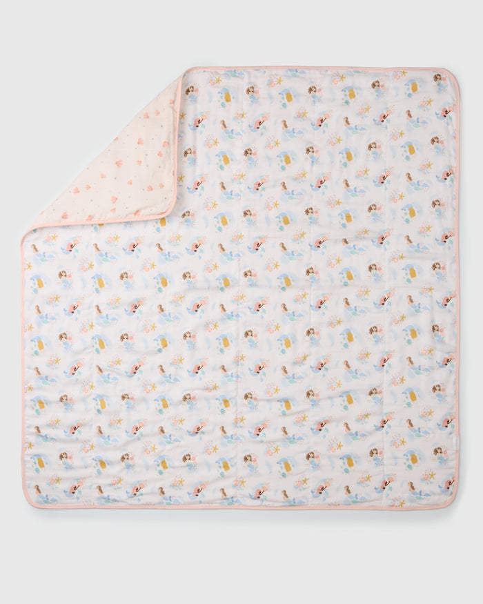 Loulou Lollipop muslin baby quilt blanket in Mermaids — front view on white background