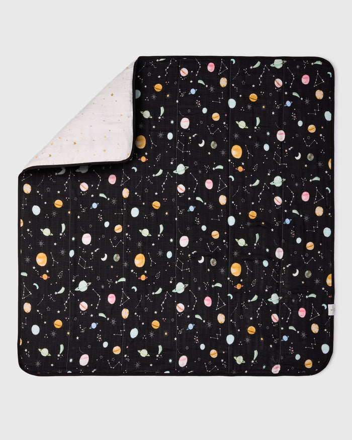 Loulou Lollipop muslin baby quilt blanket in Planets — front view on white background