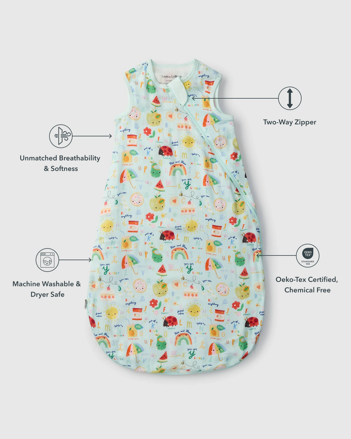 Baby Muslin Sleep Bag 0.5 TOG in Tanboocel® Bamboo Viscose - Alphabet Smiles