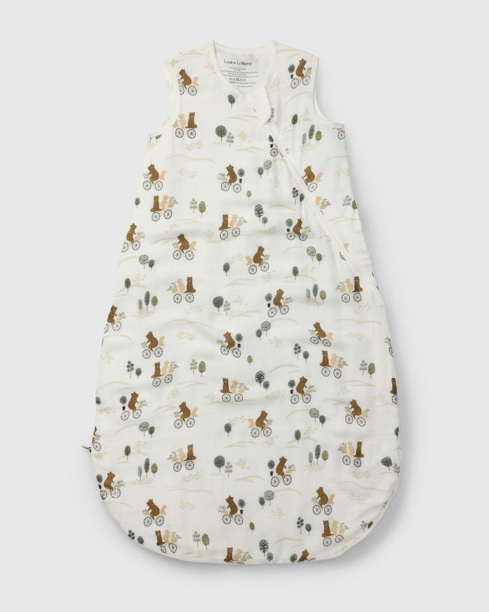 Loulou Lollipop muslin 0.5 TOG lightweight baby sleep bag in Bears on Bikes — front view on white background