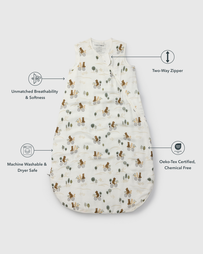 Baby Muslin Sleep Bag 0.5 TOG in Tanboocel® Bamboo Viscose - Bears on Bikes