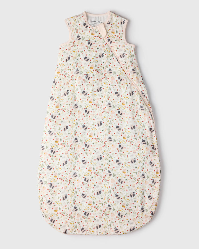 Loulou Lollipop muslin 0.5 TOG lightweight baby sleep bag in Bumble Bees — front view on white background