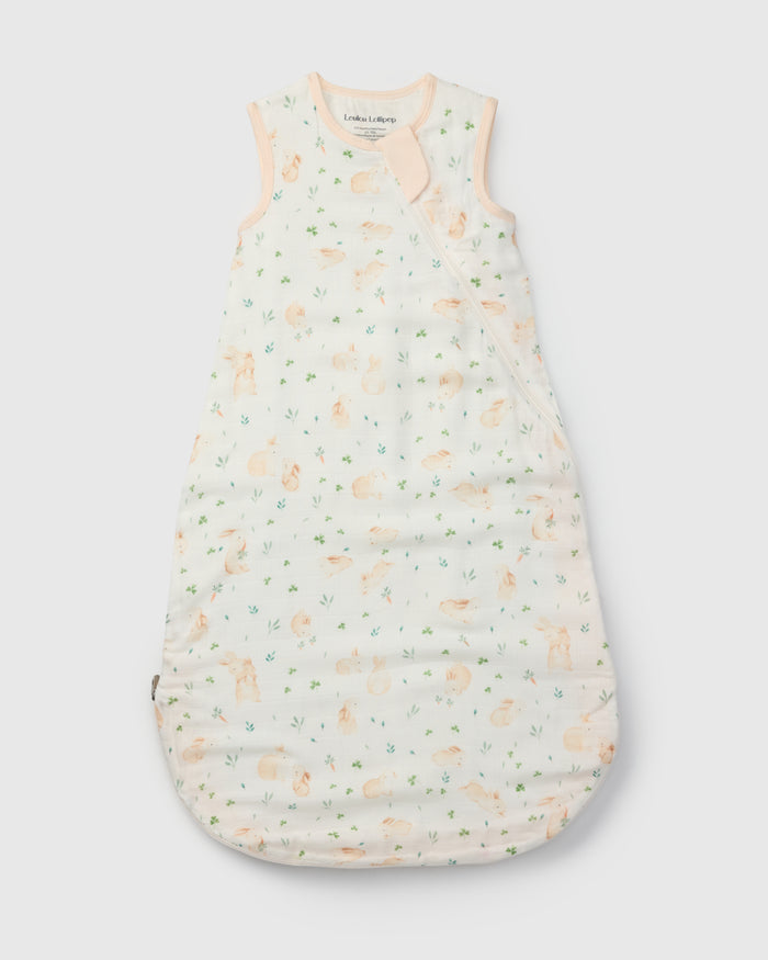 Loulou Lollipop muslin 0.5 TOG lightweight baby sleep bag in Bunny Meadow — front view on white background