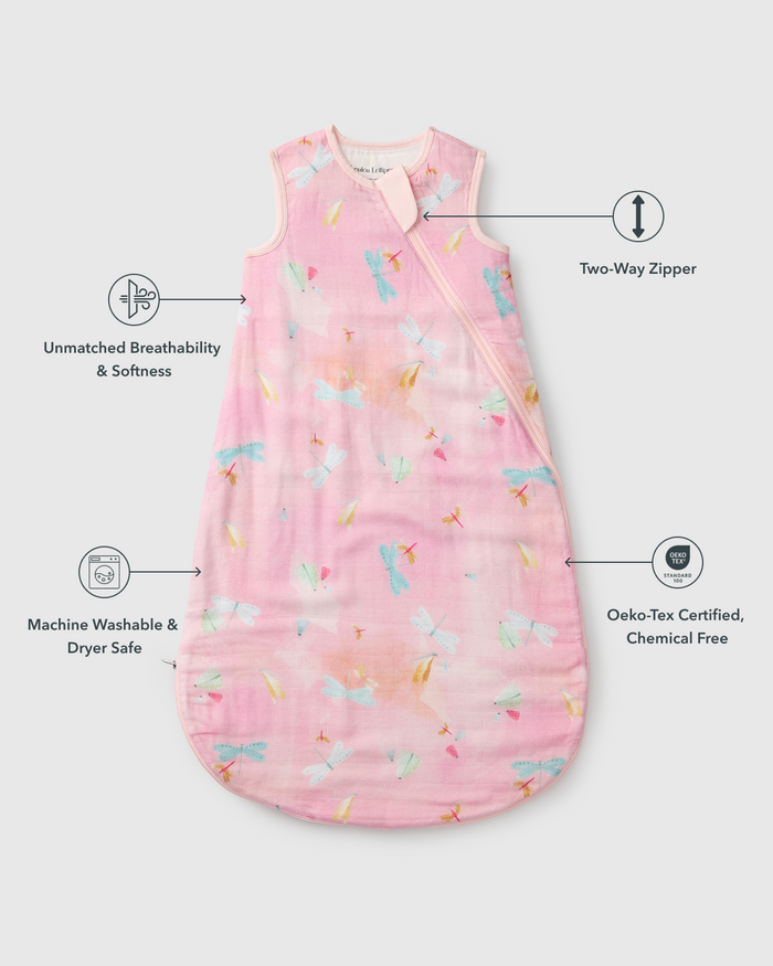 Baby Muslin Sleep Bag 0.5 TOG in Tanboocel® Bamboo Viscose - Dancing Dragonflies