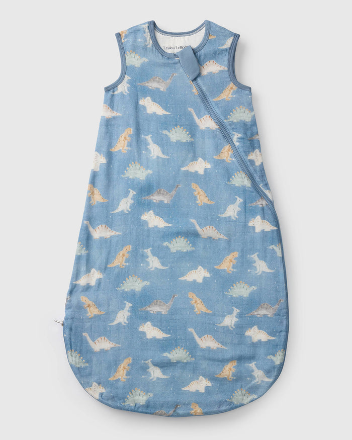 Loulou Lollipop muslin 0.5 TOG lightweight baby sleep bag in Dinosaur Stomp — front view on white background