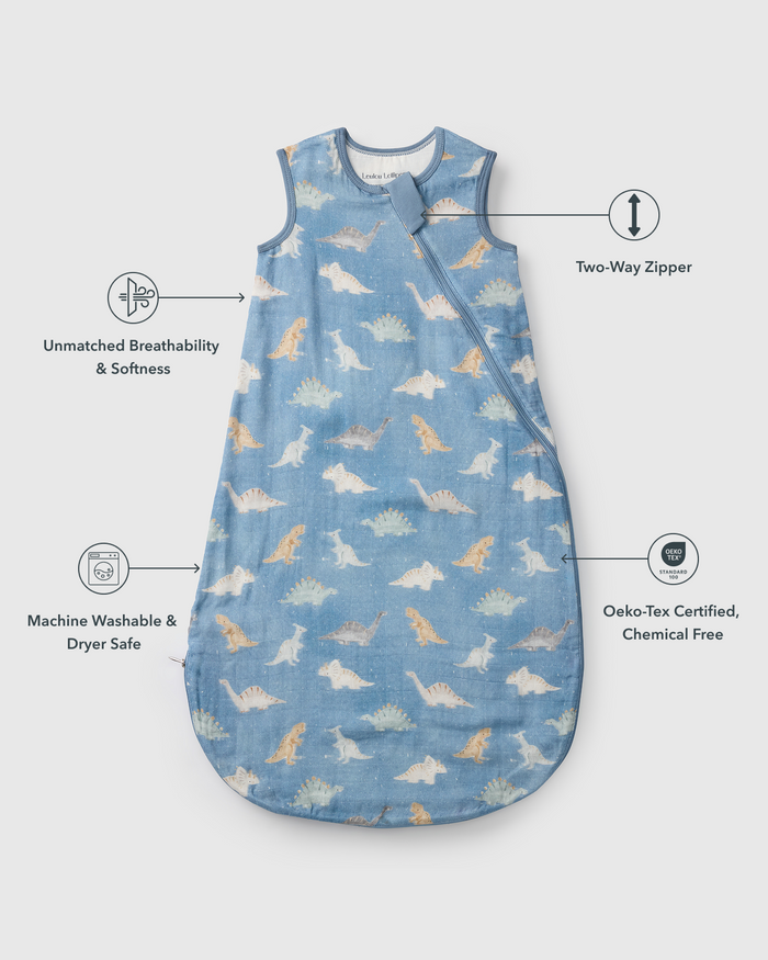 Baby Muslin Sleep Bag 0.5 TOG in Tanboocel® Bamboo Viscose - Dinosaur Stomp