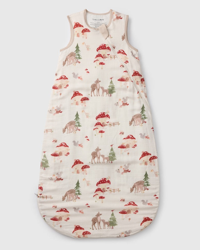 Loulou Lollipop muslin 0.5 TOG lightweight baby sleep bag in Forest Families — front view on white background