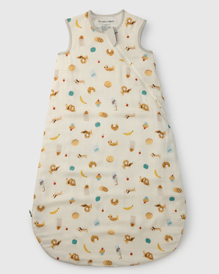 Loulou Lollipop muslin 0.5 TOG lightweight baby sleep bag in French Breakfast — front view on white background