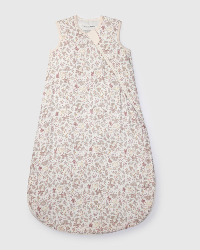 Loulou Lollipop muslin 0.5 TOG lightweight baby sleep bag in Hedgehog Forest — front view on white background