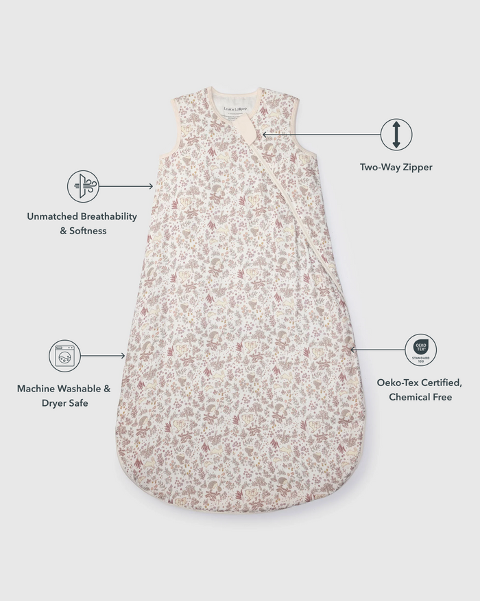 Baby Muslin Sleep Bag 0.5 TOG in Tanboocel® Bamboo Viscose - Hedgehog Forest