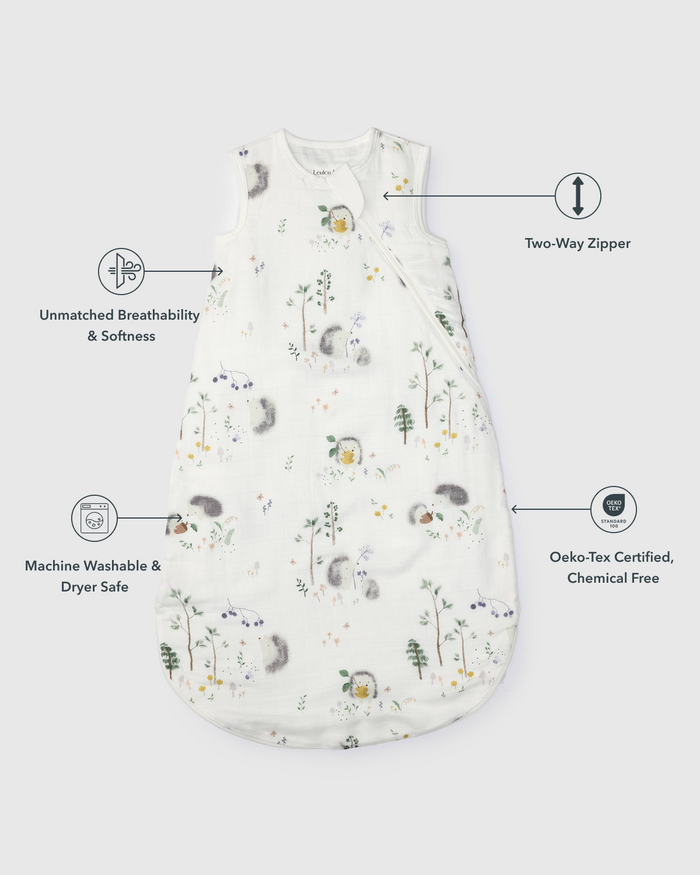Baby Muslin Sleep Bag 0.5 TOG in Tanboocel® Bamboo Viscose - Hedgehogs