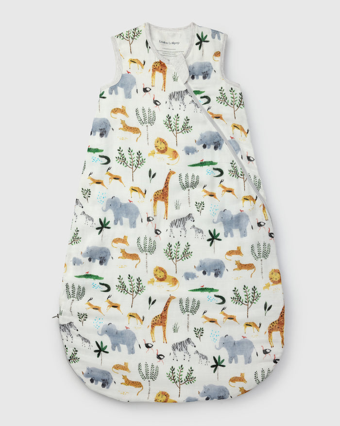 Loulou Lollipop muslin 0.5 TOG lightweight baby sleep bag in Safari Jungle — front view on white background