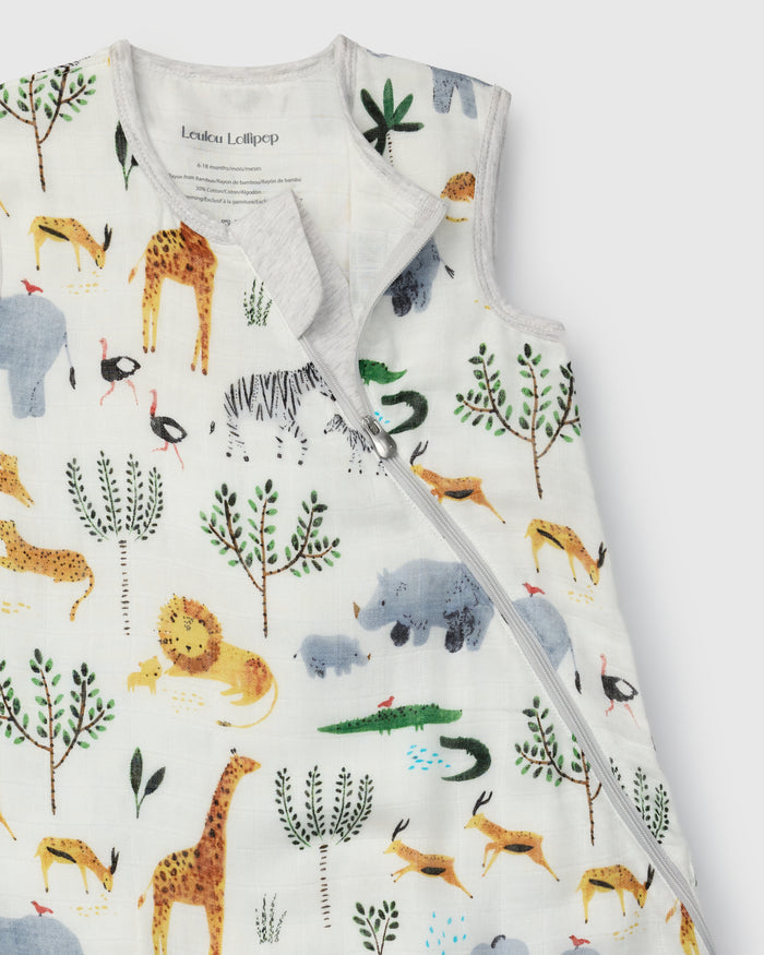 Baby Muslin Sleep Bag 0.5 TOG in Tanboocel® Bamboo Viscose - Safari Jungle