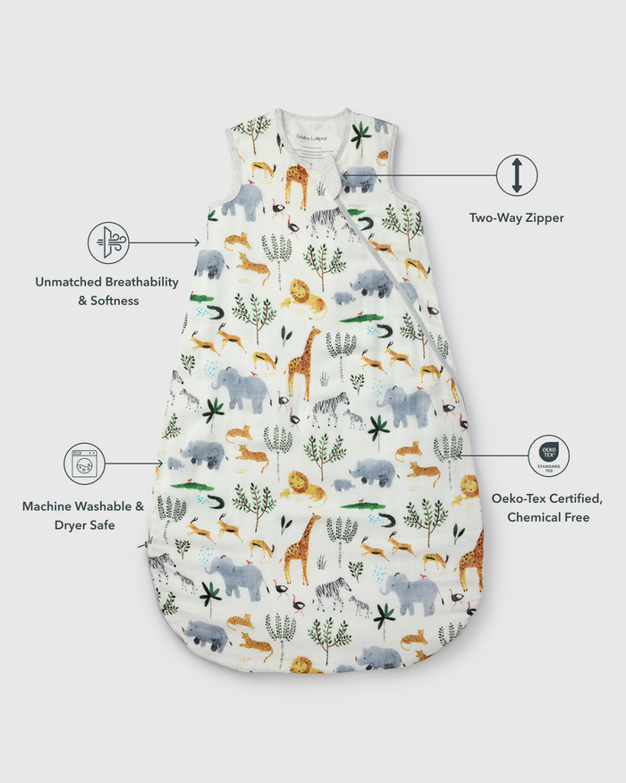 Baby Muslin Sleep Bag 0.5 TOG in Tanboocel® Bamboo Viscose - Safari Jungle
