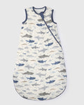 Loulou Lollipop muslin 0.5 TOG lightweight baby sleep bag in Smiley Sharks — front view on white background
