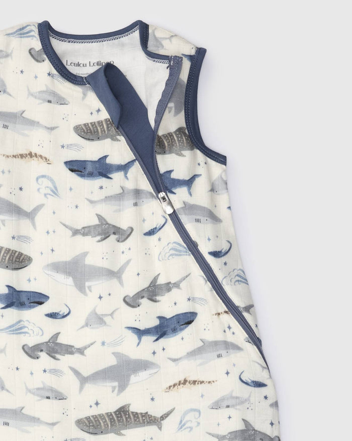 Baby Muslin Sleep Bag 0.5 TOG in Tanboocel® Bamboo Viscose - Smiley Sharks