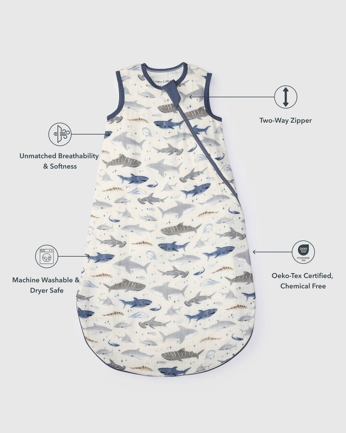 Baby Muslin Sleep Bag 0.5 TOG in Tanboocel® Bamboo Viscose - Smiley Sharks