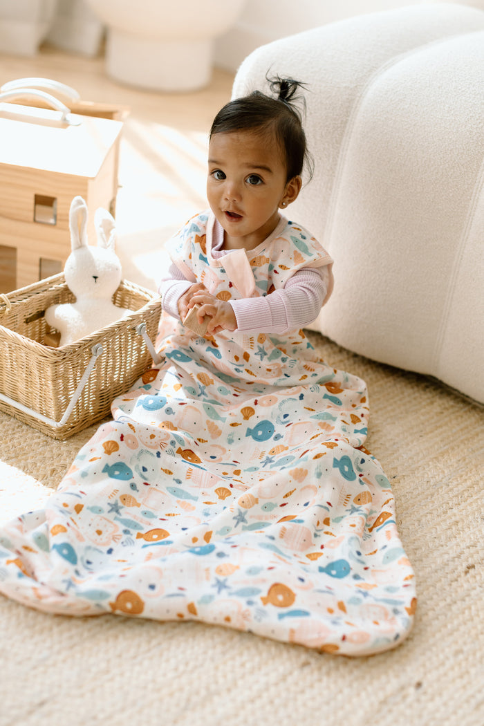 Baby Muslin Sleep Bag 0.5 TOG in Tanboocel® Bamboo Viscose - Sun Kissed Shoal
