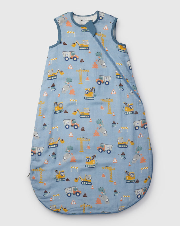 Loulou Lollipop muslin 0.5 TOG lightweight baby sleep bag in Tiny Engineers — front view on white background