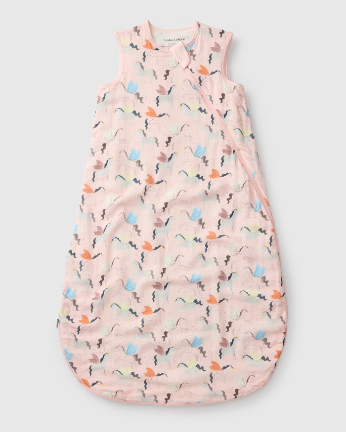 Loulou Lollipop muslin 0.5 TOG lightweight baby sleep bag in Unicorn Ballet — front view on white background