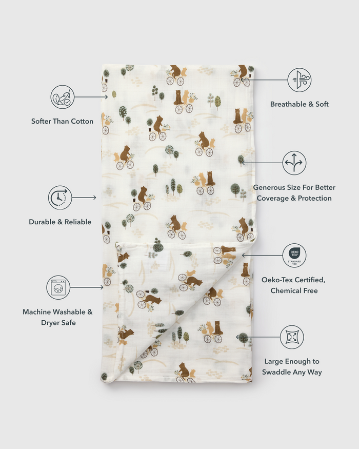 Baby Muslin Swaddle in Tanboocel® Bamboo Viscose - Bears on Bikes