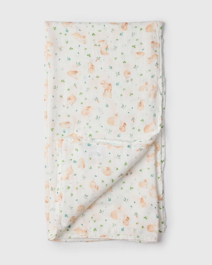 Loulou Lollipop bamboo cotton muslin swaddle blanket in Bunny Meadow — front view on white background