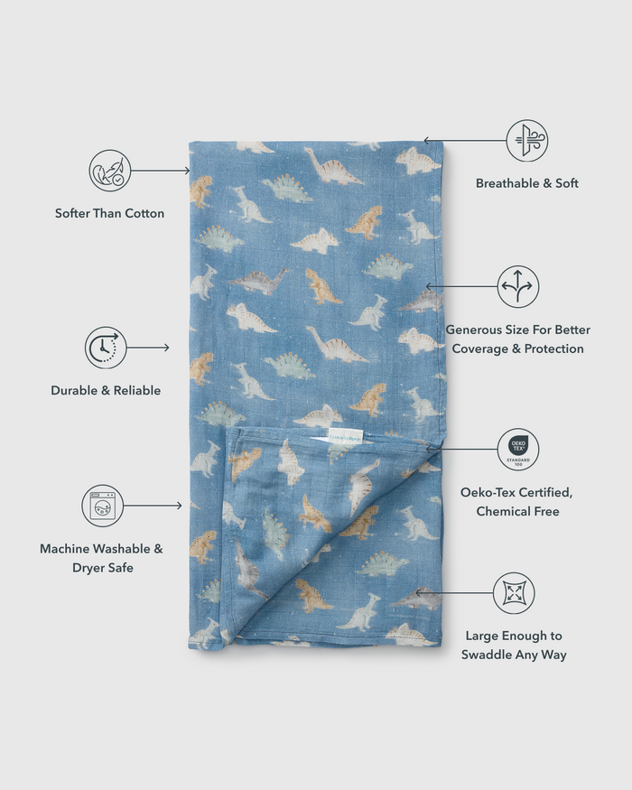 Baby Muslin Swaddle in Tanboocel® Bamboo Viscose - Dinosaur Stomp