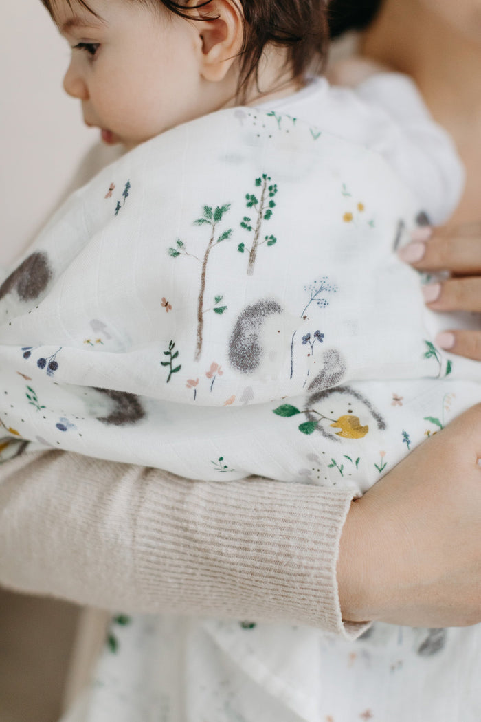 Loulou Lollipop bamboo cotton muslin swaddle blanket in Hedgehogs — front view on white background