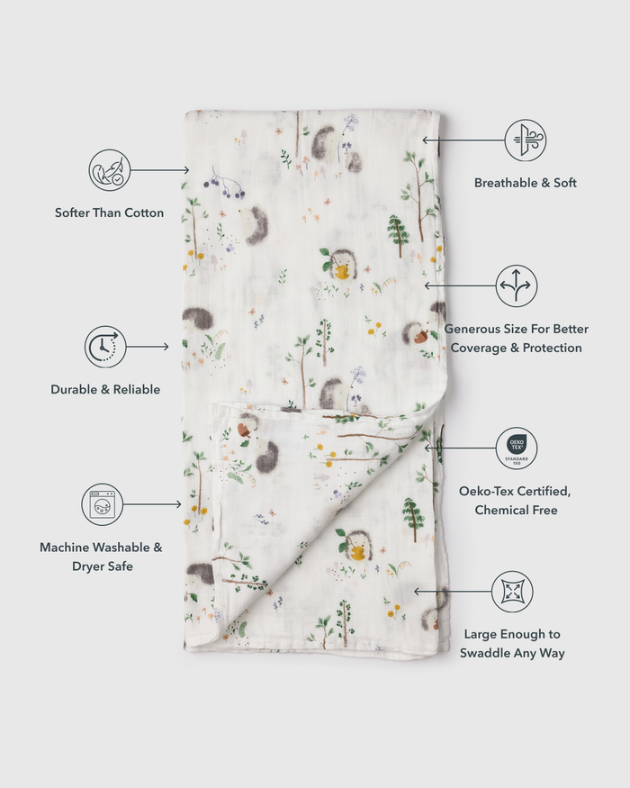 Baby Muslin Swaddle in Tanboocel® Bamboo Viscose - Hedgehogs