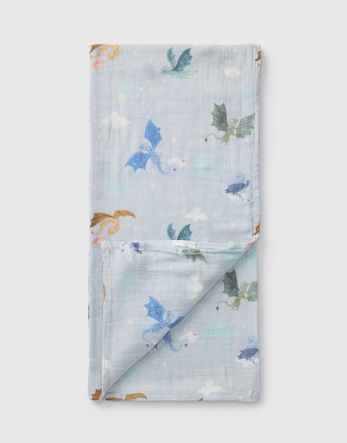 Loulou Lollipop bamboo cotton muslin swaddle blanket in Magical Dragons — front view on white background