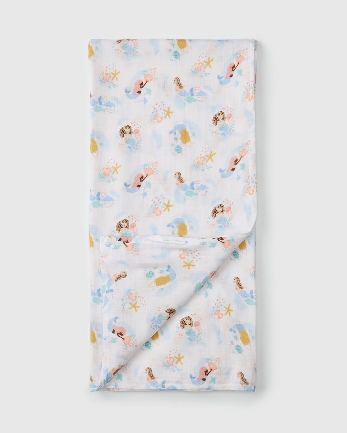 Loulou Lollipop bamboo cotton muslin swaddle blanket in Mermaids — front view on white background