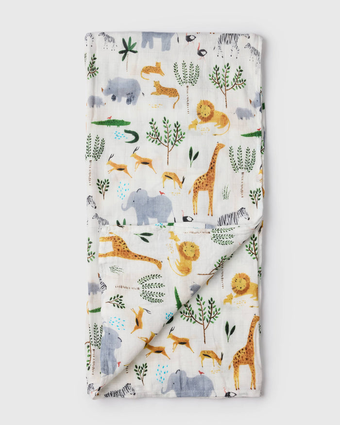 Loulou Lollipop bamboo cotton muslin swaddle blanket in Safari Jungle — front view on white background