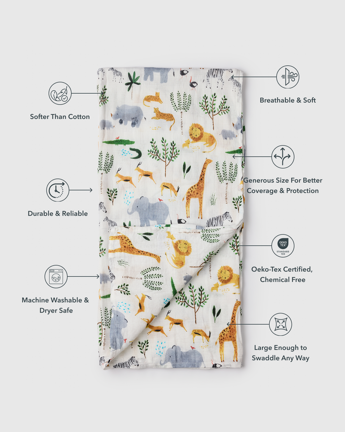 Baby Muslin Swaddle in Tanboocel® Bamboo Viscose - Safari Jungle