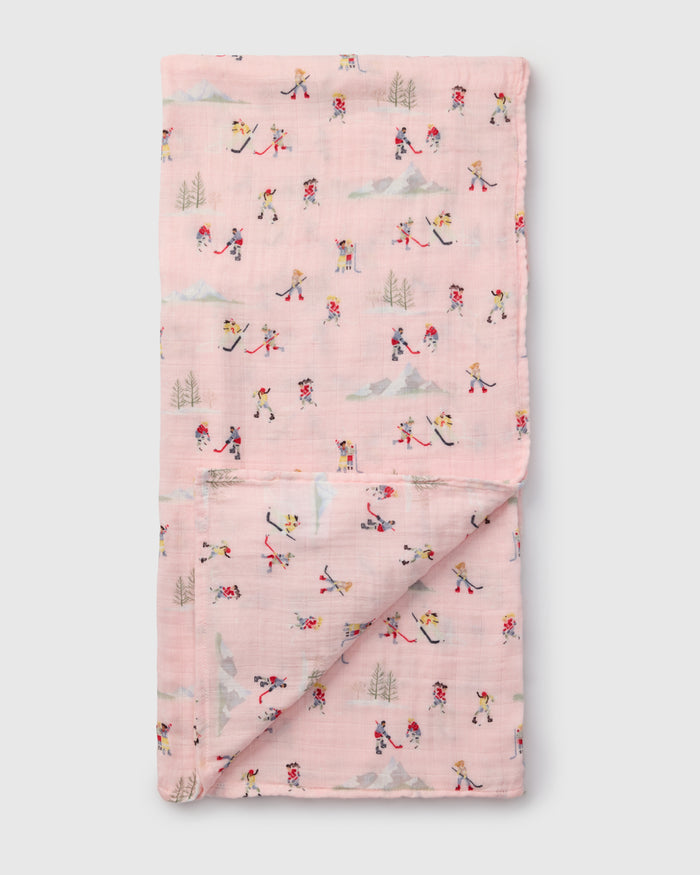 Loulou Lollipop bamboo cotton muslin swaddle blanket in She Shoots She Scores — front view on white background