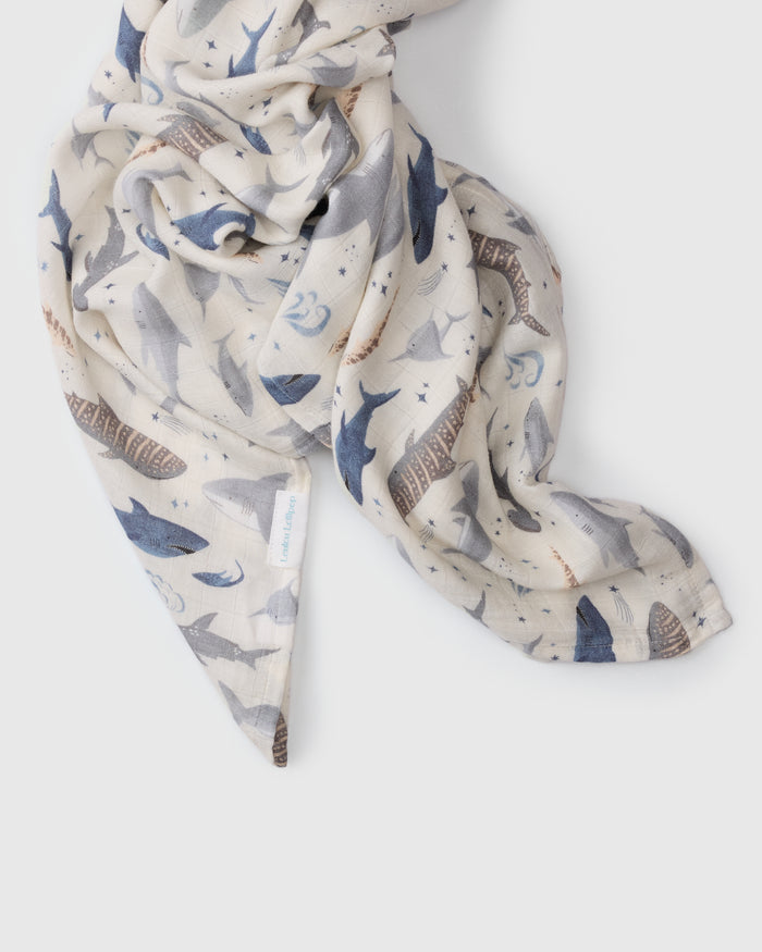 Baby Muslin Swaddle in Tanboocel® Bamboo Viscose - Smiley Sharks
