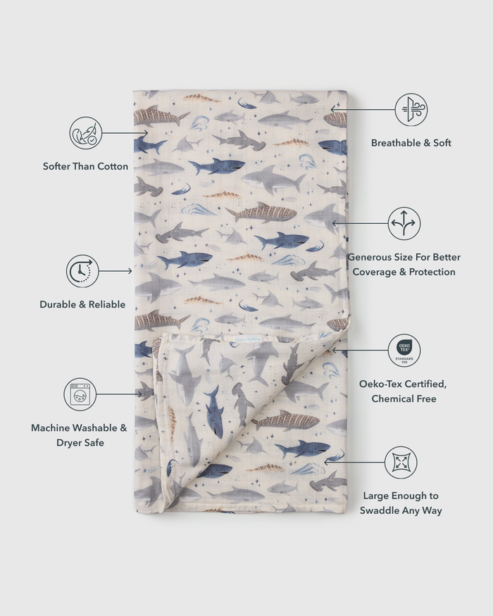 Baby Muslin Swaddle in Tanboocel® Bamboo Viscose - Smiley Sharks