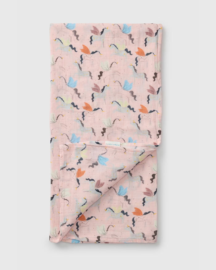 Loulou Lollipop bamboo cotton muslin swaddle blanket in Unicorn Ballet — front view on white background