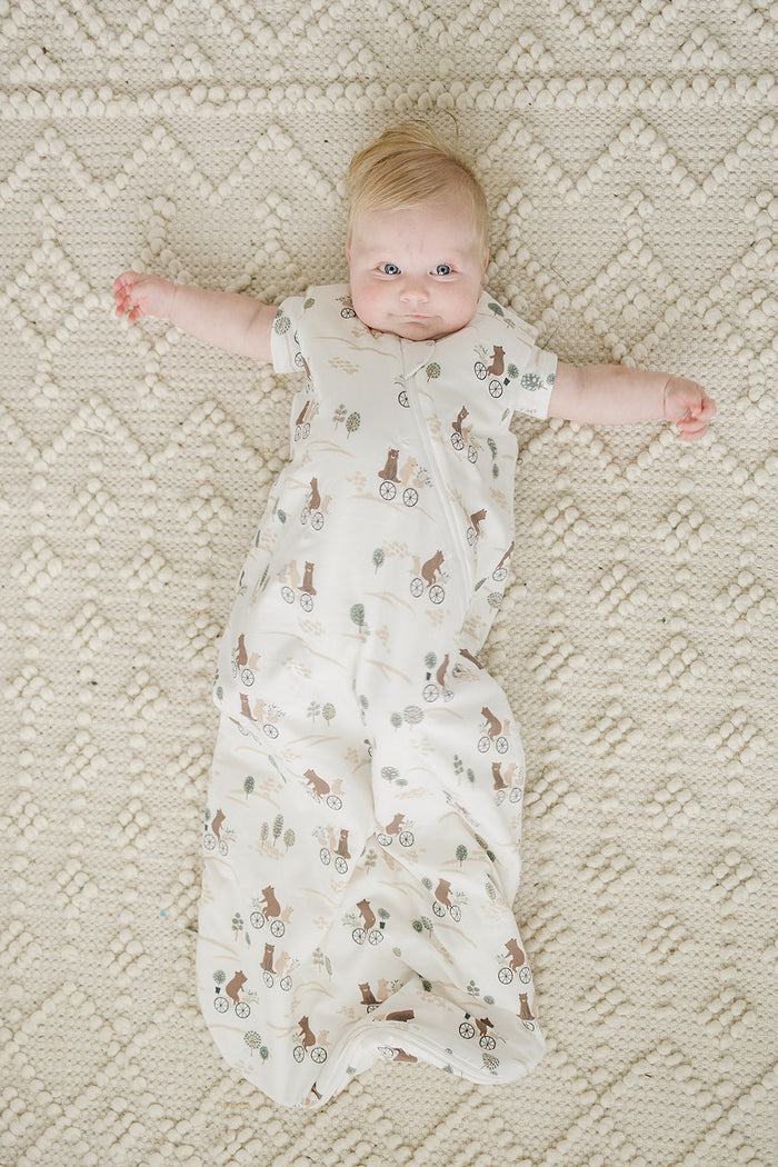 Loulou Lollipop TENCEL 1.0 TOG baby sleep bag in Bears on Bikes — front view on white background