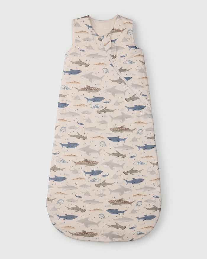 Loulou Lollipop TENCEL 1.0 TOG baby sleep bag in Smiley Sharks — front view on white background