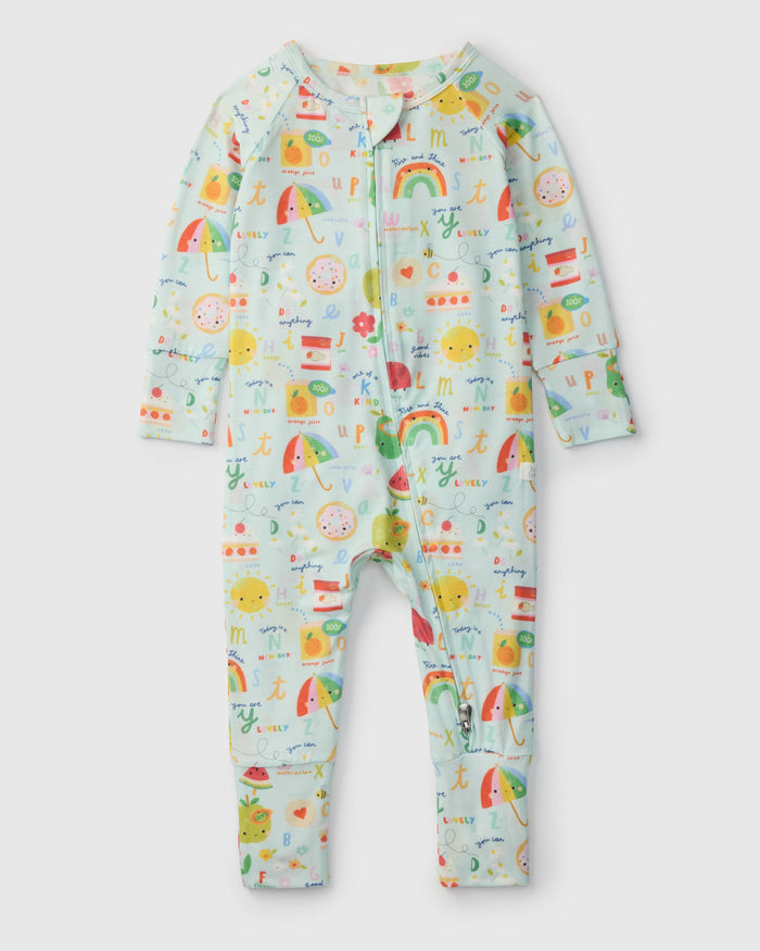 Loulou Lollipop TENCEL baby sleeper footie pajamas in Alphabet Smiles — front view on white background